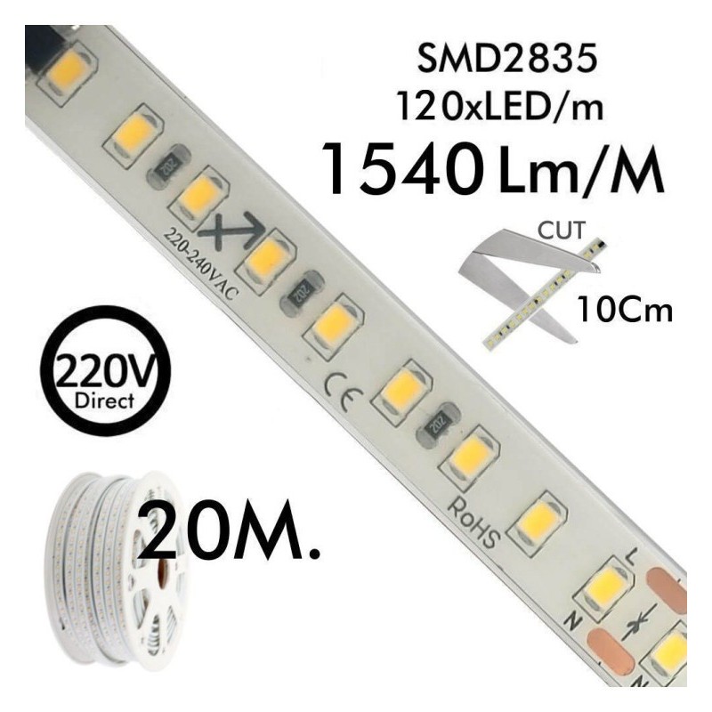 Tira LED 220V | 120xLED/m | 20m | SMD2835 | 1540Lm/M | 14W/M | IP67 | Corte cada 10cm