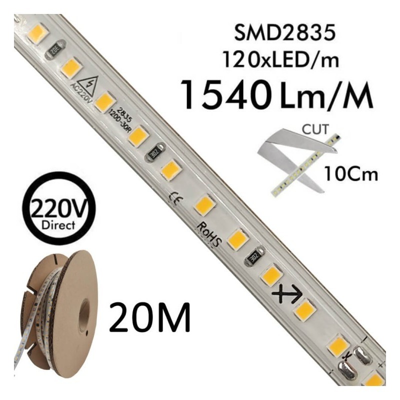 Tira LED 220V | 120xLED/M | 20m | SMD2835 | 1540Lm/M | 14W/M | IP67 | Corte Cada 10cm