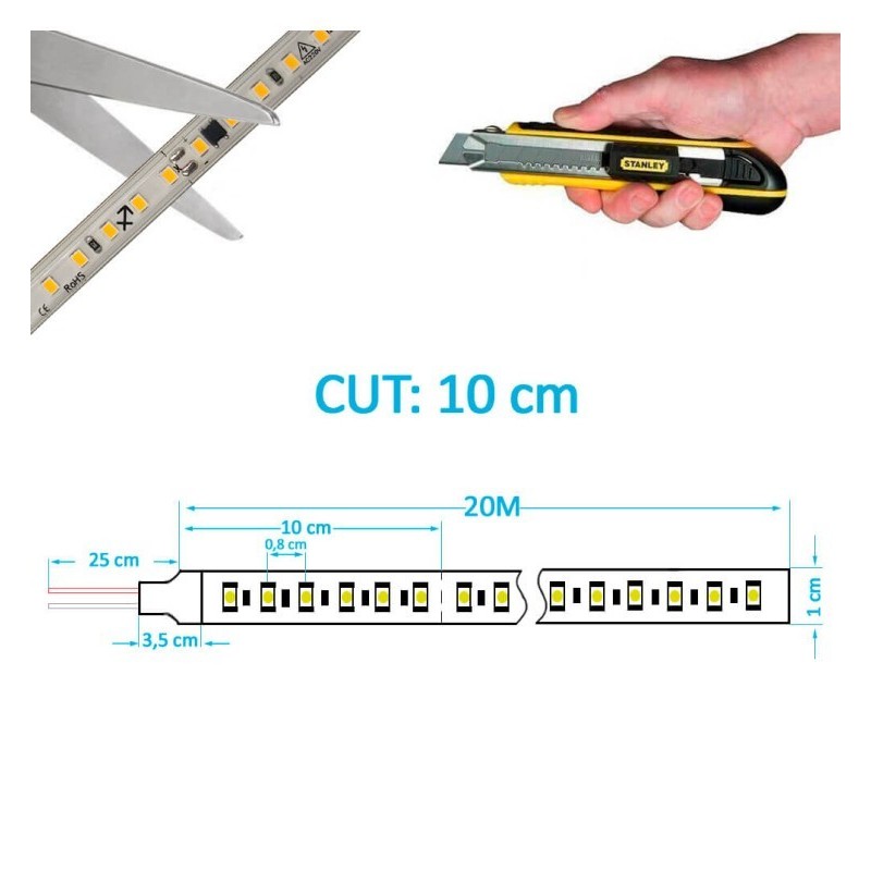 STRAP LED 220V | 120xLED / M | 20m | SMD2835 | 1540lm / m | 14W / m | IP67 | Cut every 10cm