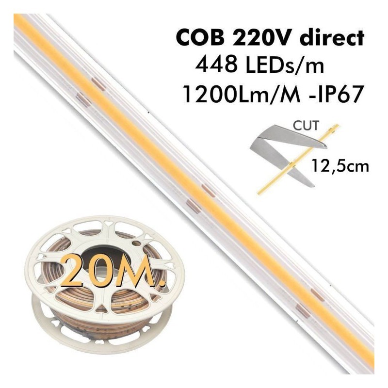 Strip LED COB 220V | 448 LED / M | 20m | Flip Chip | 1200lm / m | 14w / m | CRI + 82 | Ip67