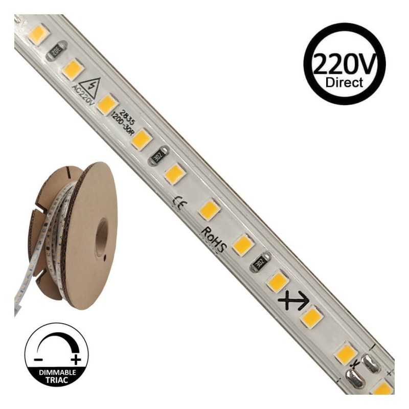 STRAP LED 220V | 120xLED / M | 20m | SMD2835 | 1540lm / m | 14W / m | IP67 cut every 10cm