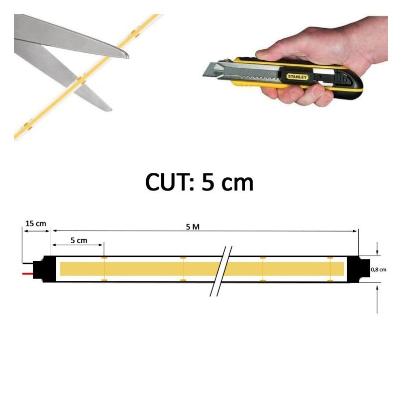 24V COB 12W / M LED CART CARTY EVERY 5CM IP20 5 METERS 280 LED / M