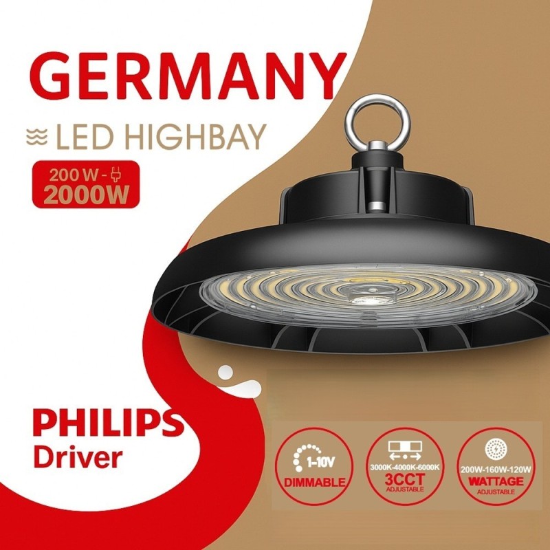 ▷ Campana Industrial LED UFO GERMANY | Alta Eficiência & Regulagem 1-10V
