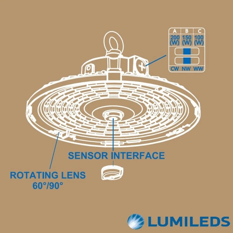 ▷ Campana Industriale UFO FRANCE 200W: Potenza Regolabile, CCT, chip Samsung