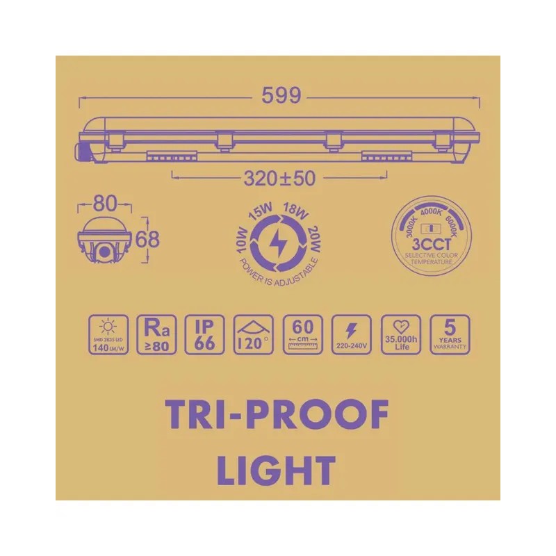 Écran LED étanche 20 W GXtronic 60 cm | Puce OSRAM SMD2835 3CCT | IP66